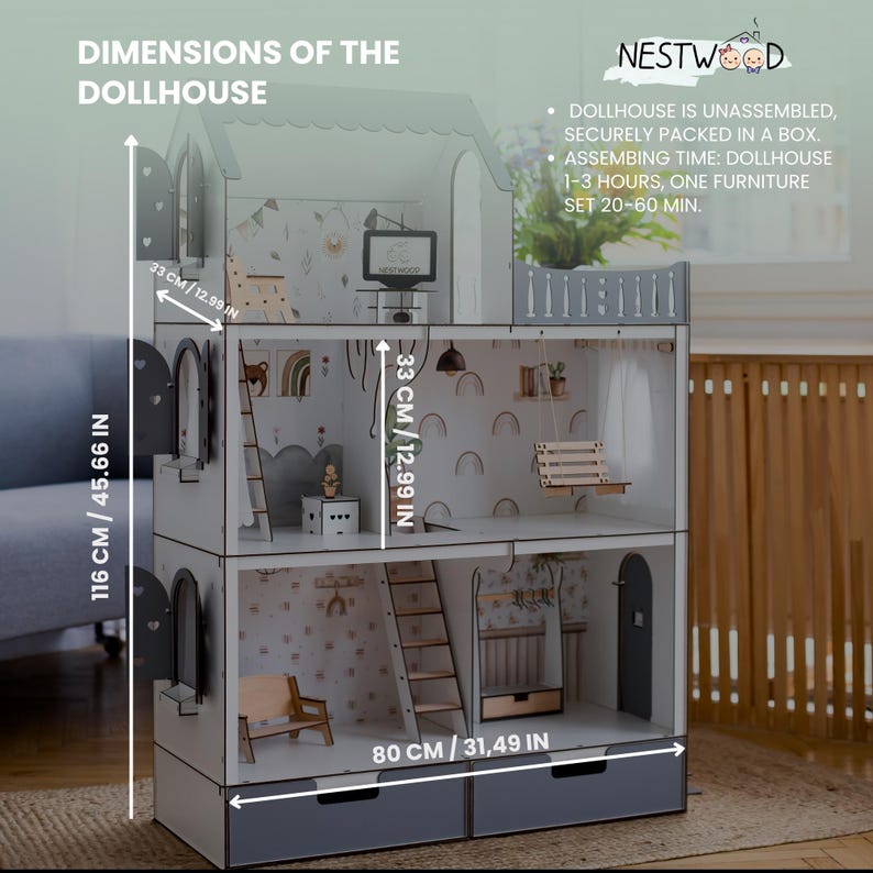 The image is a detailed diagram of a dollhouse, showing its dimensions and various features such as the dollhouse itself, the furniture, and the interior layout.