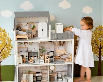 Montessori Dollhouse Kit: Modern White and Gray - 5 Rooms, Customizable