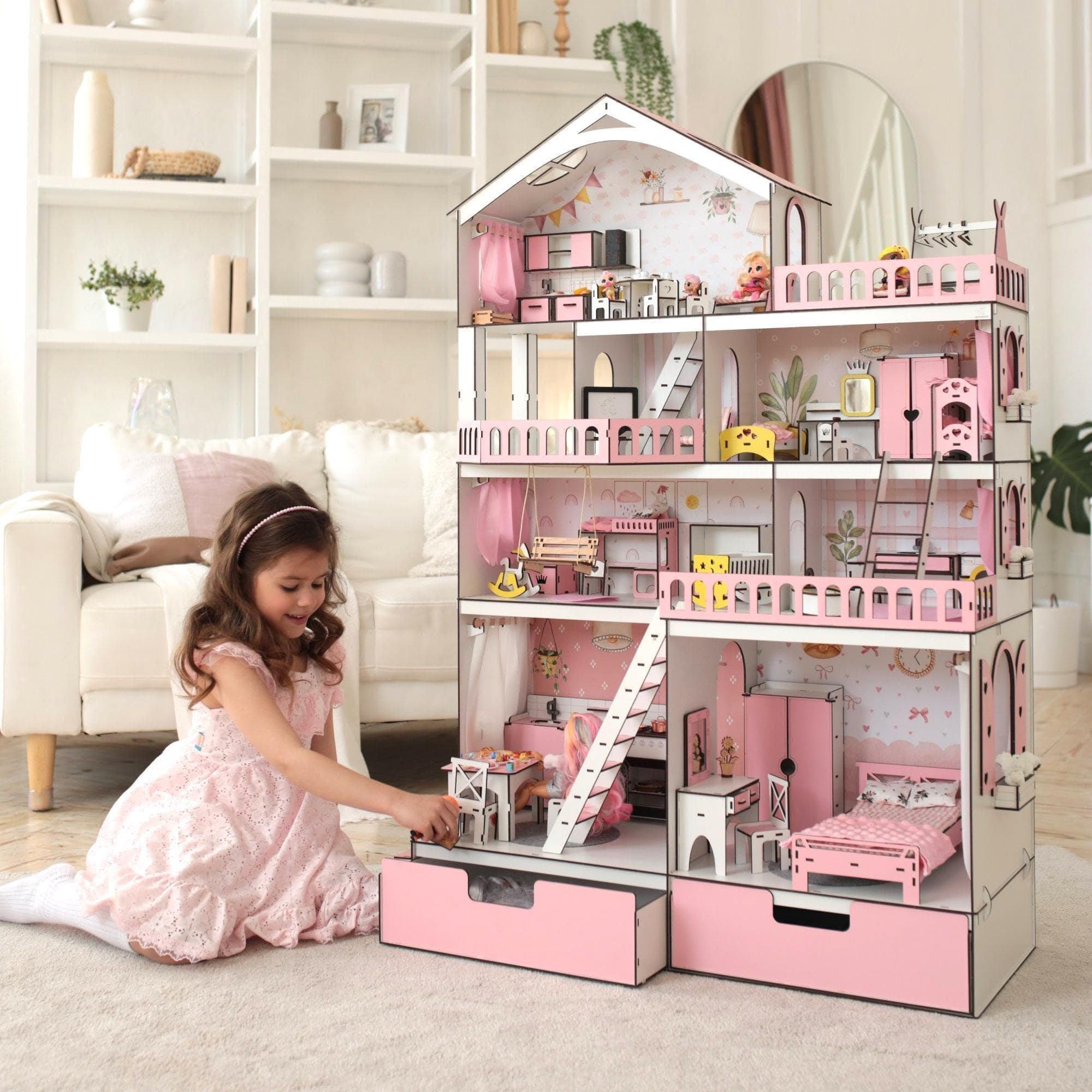 Pink Dollhouse Mansion 5 Rooms Elevator Swing for Dolls - Etsy
