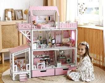 Puppenhaus Bausatz, Rosa Holz Puppenhaus, Großes Puppenhaus, Modernes Puppenhaus mit Terrasse Balkon, Puppenhaus Weihnachtsgeschenk für ein Kind