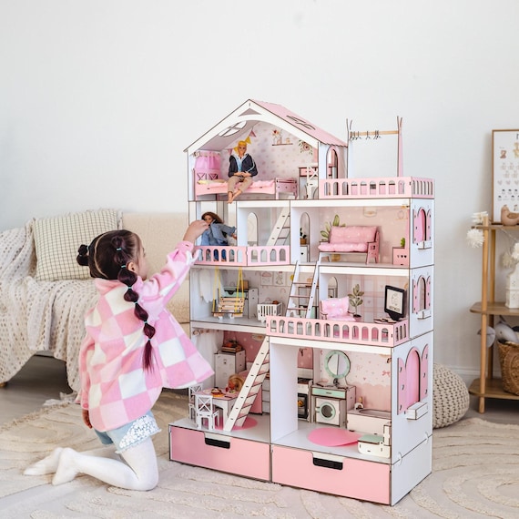 Yuka_disney　BABY PINK HOUSE 3件（5点）セット Pink Dollhouse for Dolls |mansion With 5 Rooms, Elevator, and