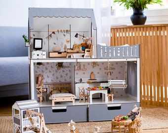Handcrafted decorative dollhouse with Doors - Boho Nursery Decor - Pretend play dollhouse - Wooden shelf - Birthday Gift for Girl