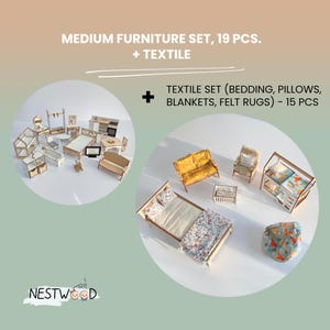 The image is a collage of two images. The top image shows a set of furniture pieces, including a dresser, a bed, and a chair. The bottom image depicts a set of textiles, including a blanket, a pillow, and a rug. The text in the image provides information about the furniture set and textiles, including the number of items in each set and the total number of items in the set.