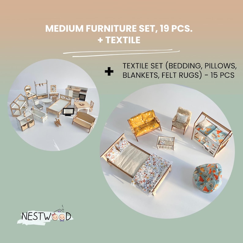 The image is a collage of two images. The top image shows a set of furniture pieces, including a dresser, a bed, and a chair. The bottom image depicts a set of textiles, including a blanket, a pillow, and a rug. The text in the image provides information about the furniture set and textiles, including the number of items in each set and the total number of items in the set.