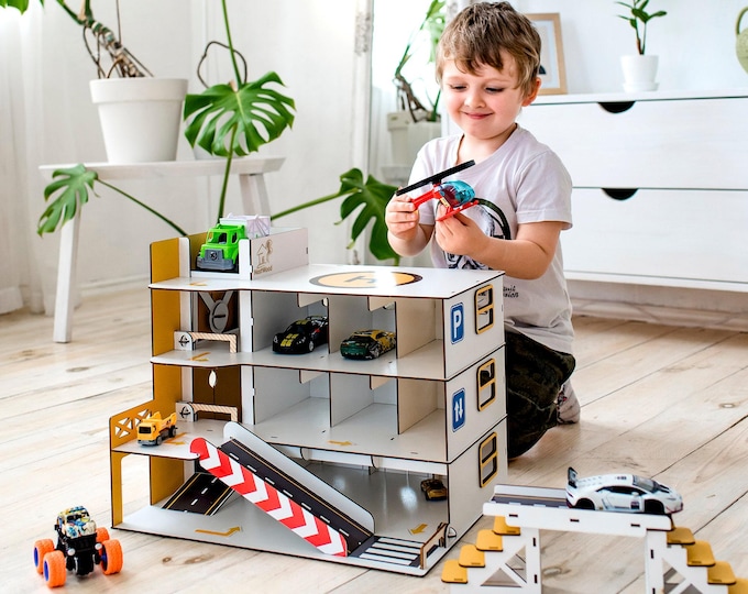 Featured listing image: Wooden Toy Car Garage with Lift  Helipad 3-Level Parking for Boys DIY Miniature Cars Storage