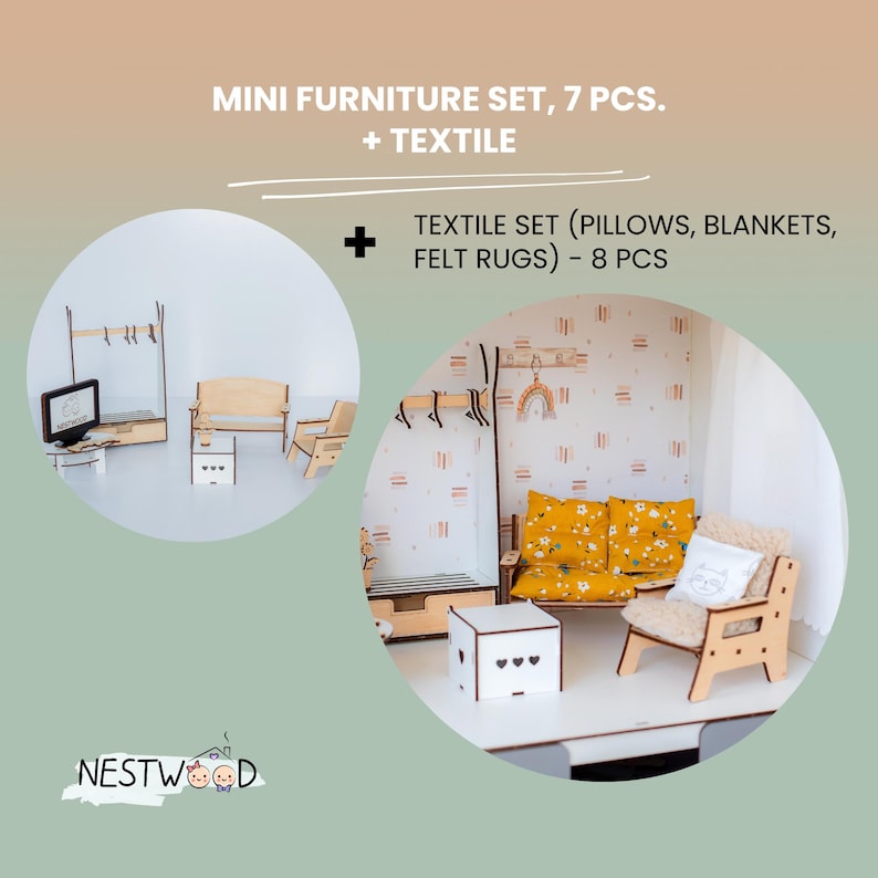 The image is a collage of two images, one depicting a minimalist furniture set and the other showing a cozy and textured furniture set with pillows, blankets, and felt rugs.