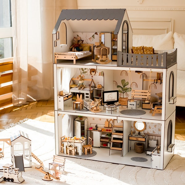 One-of-a-Kind Dollhouse for Maileg House and Barbie Lovers - Complete with Swing and Furniture