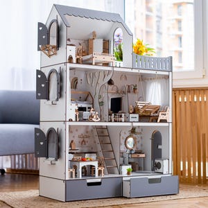 Large Wooden Dollhouse Kit - Plywood Model with Big Dolls for Play or Display Christmas Gift
