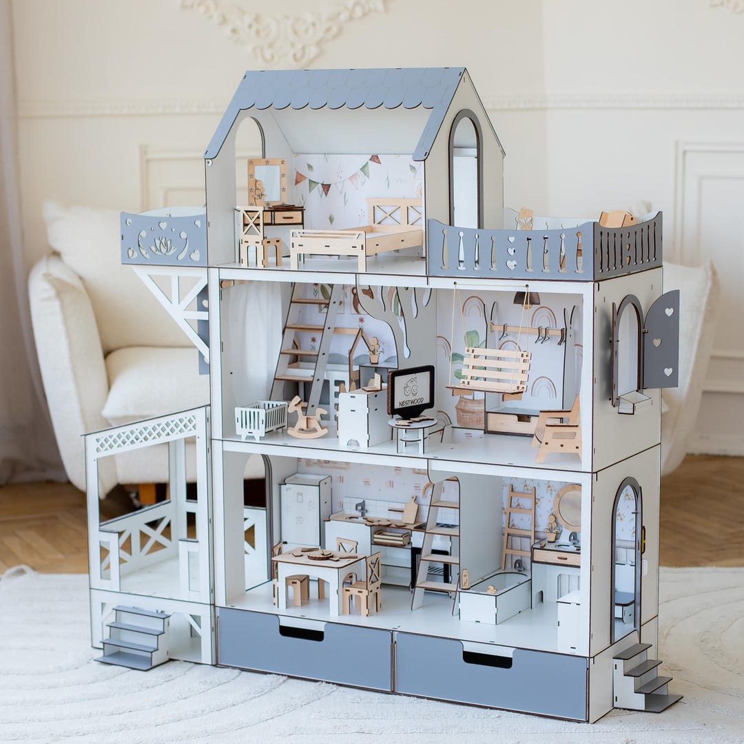 Wooden Dollhouse Large Modern Doll House With Terrace Balcony, Complete