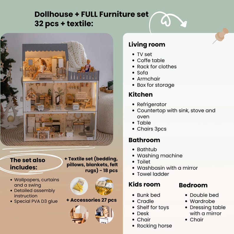 a dollhouse with a lot of furniture and accessories