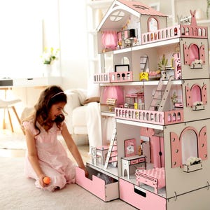 Wooden Dolls House, Dollhouse for girls, Pink Dollhouse, Gift for little girls, Dollhouse Kit, Dolls House with Furnitures, Large Dollhouse