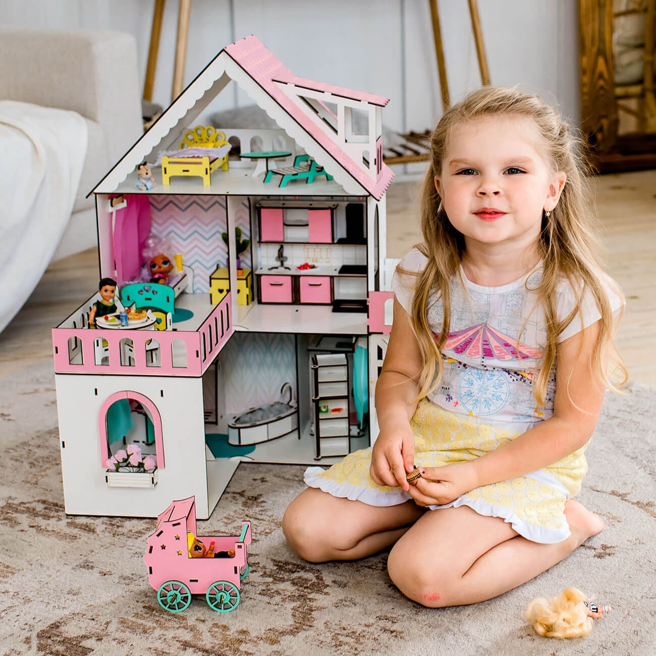 Wooden Dollhouse Pink Wooden Dollhouse Doll House Wooden Etsy