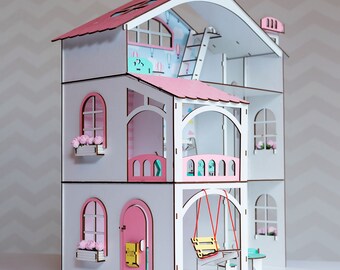 Wooden Dollhouse with furnitures / Modern dollhouse, Premium Quality