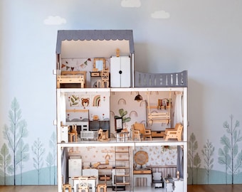 Handmade Wooden Dollhouse: 5 Rooms with Swing, Balcony Christmas gift