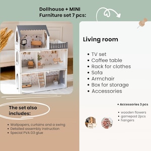 a dollhouse furniture set with a living room, TV set, coffee table, rack for clothes, sofa, armchair, box for storage, and accessories. The set also includes wall decals, curtains, a swing, a detailed assembly instruction, and special PVA D3 glue.