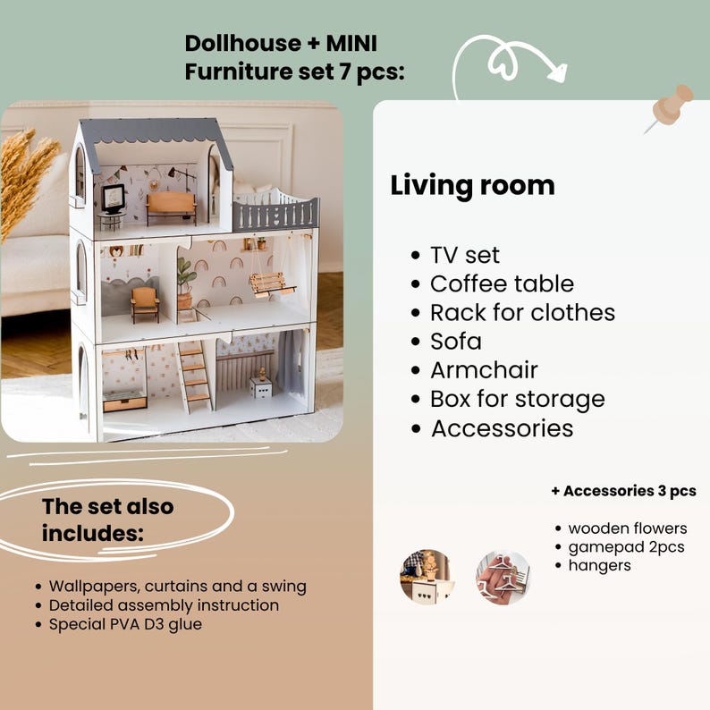 a dollhouse furniture set with a living room, TV set, coffee table, rack for clothes, sofa, armchair, box for storage, and accessories. The set also includes wall decals, curtains, a swing, a detailed assembly instruction, and special PVA D3 glue.
