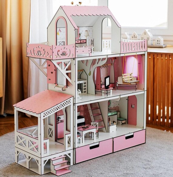 Pink Wooden Dollhouse With Balcony Terrace Large 3-story Eco