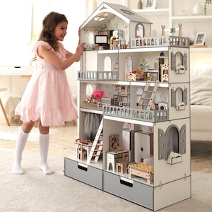 Wooden Dolls House, Dollhouse for girls, Pink Dollhouse, Gift for little girls, Dollhouse Kit, Dolls House with Furnitures, Large Dollhouse
