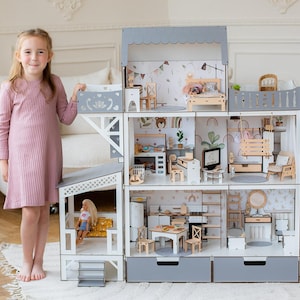 Spacious Big Gray Dollhouse with Terrace and Balcony - Includes Furnitures - Great Christmas Gift for Girls