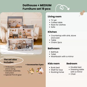 The image is a collage of various furniture sets, including a dollhouse, a kitchen, a bathroom, and a kids' room, along with accessories such as a TV set, coffee table, and a bunk bed.
