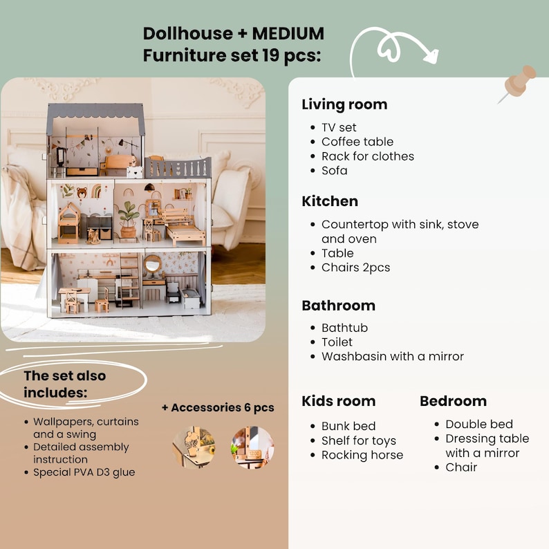 The image is a collage of various furniture sets, including a dollhouse, a kitchen, a bathroom, and a kids' room, along with accessories such as a TV set, coffee table, and a bunk bed.