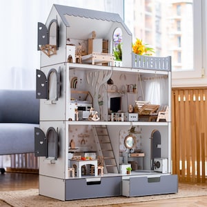 Large Wooden Dollhouse Kit - Plywood Model with Big Dolls for Play or Display Christmas Gift