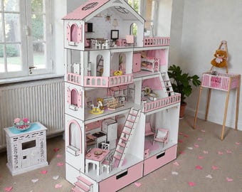 Wooden Dollhouse for Kids, Gabby Style Dollhouse, Large Doll House with Furniture, Montessori Toy, Gift for Girls 3–7
