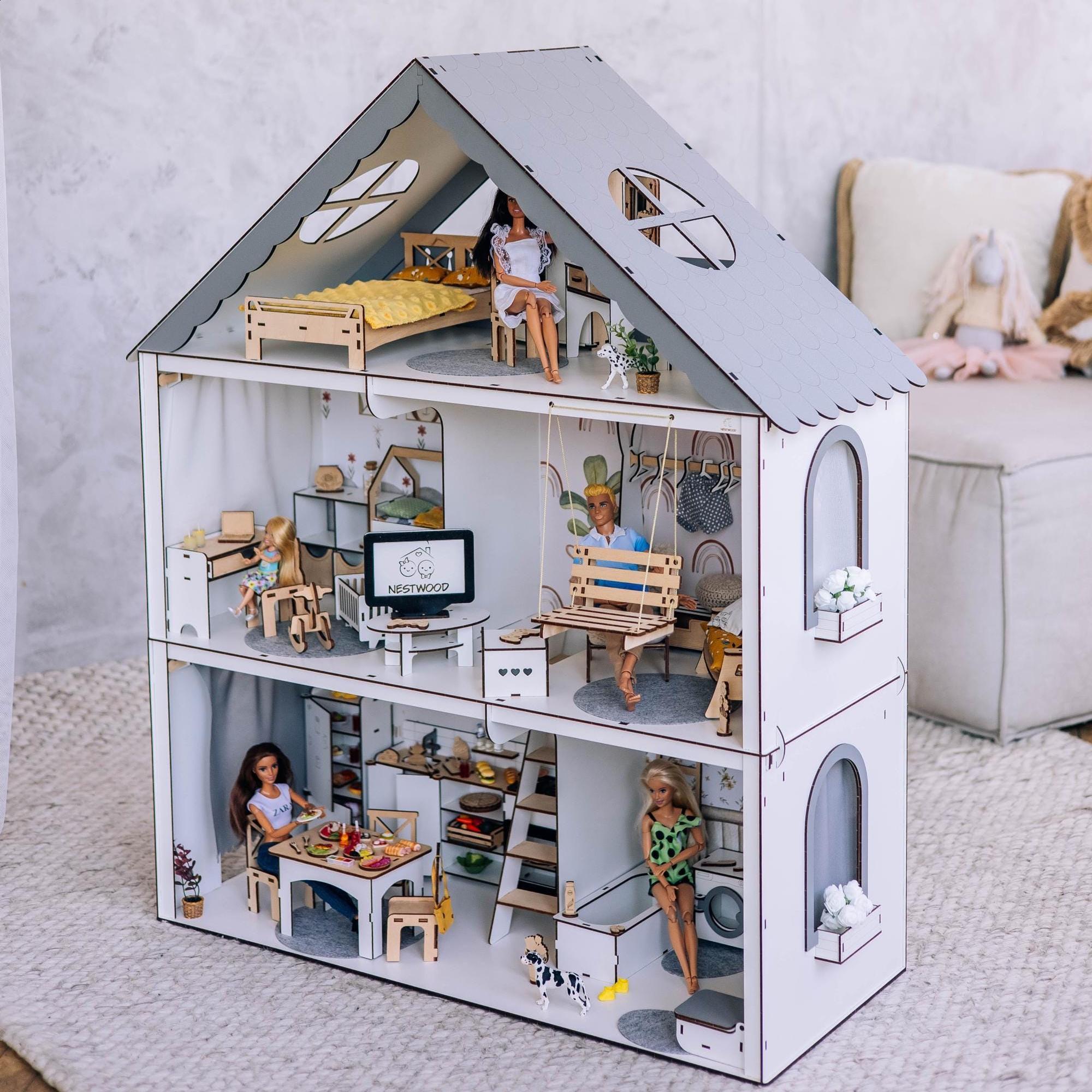 White Wooden Dollhouse, 5 Rooms, Eco-Friendly (Unassembled Kit