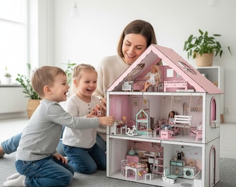 Modern Dollhouse with Furniture, Two-Story Wooden Doll House, Pretend Play Toy