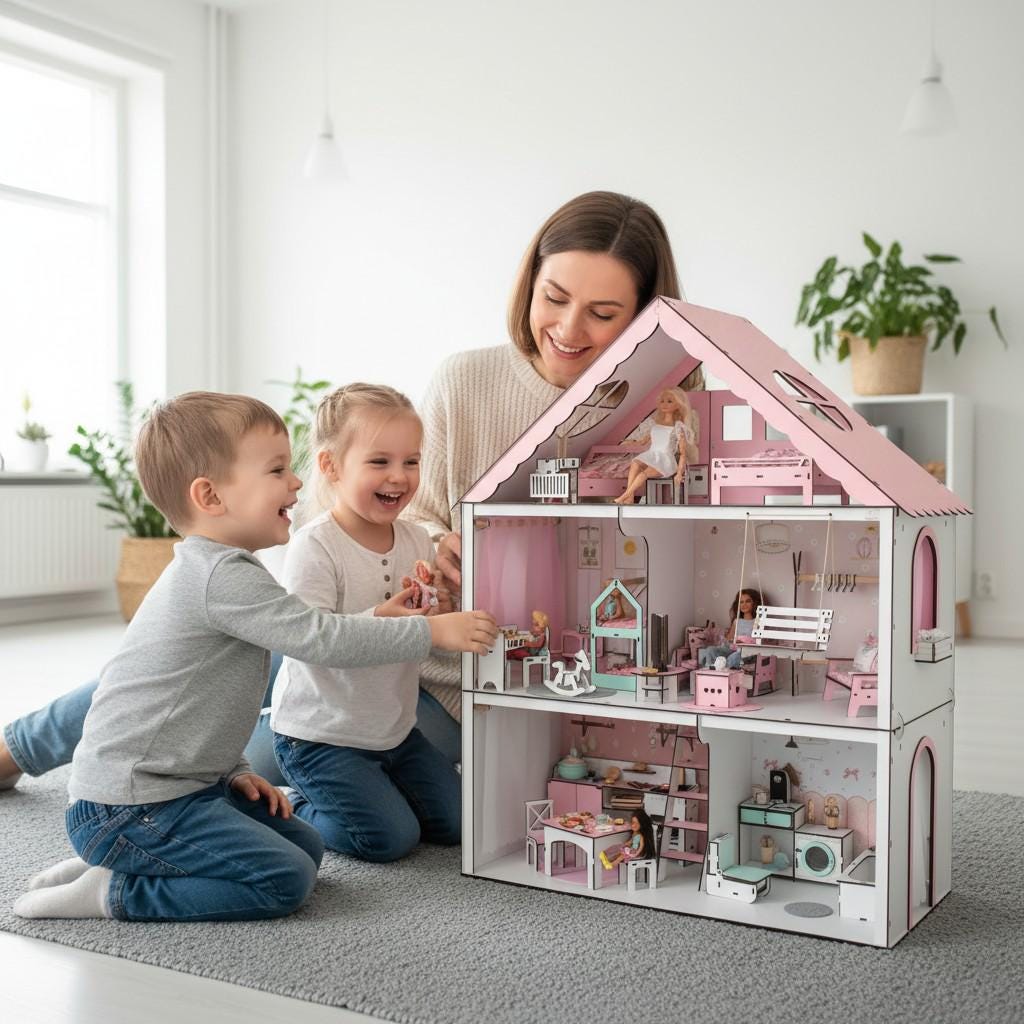 【naoko】Baby pink house 上下セット Modern Dollhouse With Furniture, Two-story Wooden Doll House