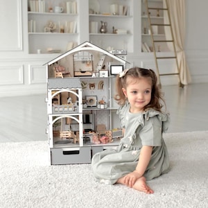 Handmade Dollhouse with Furniture | Wooden Mini Dollhouse for Children