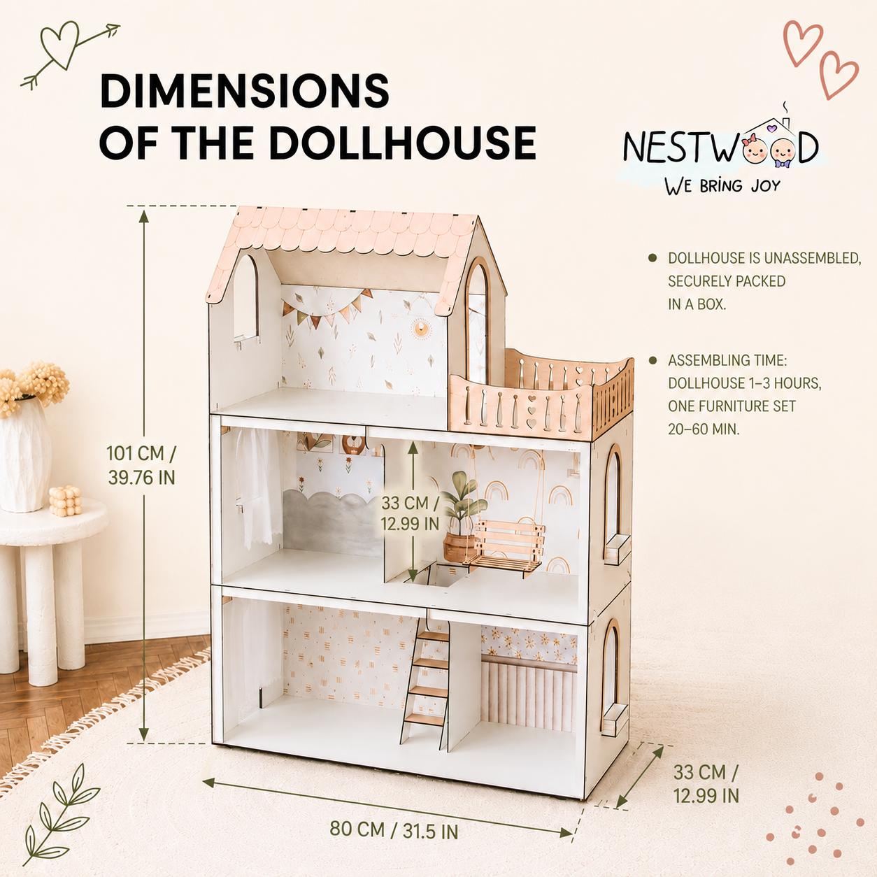 Lux Light Scandi Dollhouse - Modern Scandinavian Style, 3 Floors