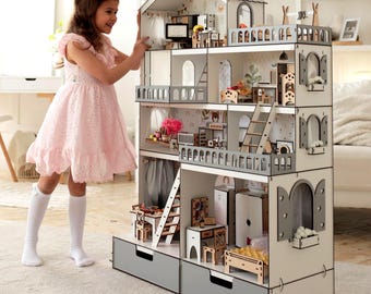 DIY木製ドールハウス、エレベーター、ブランコ付き、小さな人形のための木製マンション、楽しい5部屋