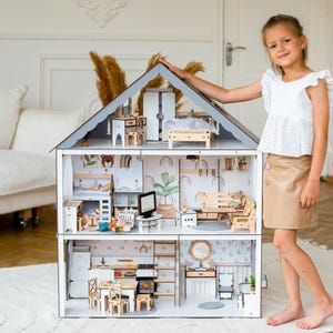 Wooden Dollhouse Christmas Kids Gifts 1st Birthday wood Dollhouse with furniture Dollhouse kit Wooden Eco Toy