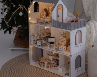 Large Wooden White Dollhouse, Swing and Balcony, Lovely Playhouse with Stairs and Ladder