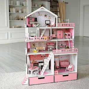 Wooden Dollhouse, Pink Wooden Dollhouse, Furniture Wooden Dollhouse, Doll House, Wooden Dollhouse Kithcen, Cute Dollhouse, Dollhouse Kit