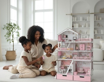 Rosa Gabby Puppenhaus, personalisiertes Geschenk mit Name, benutzerdefinierte Montessori Puppenhaus für Maieg Mäuse