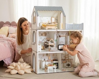 Casa de muñecas de madera color beige, 5 habitaciones, casita de juegos para niños (con juegos de muebles)
