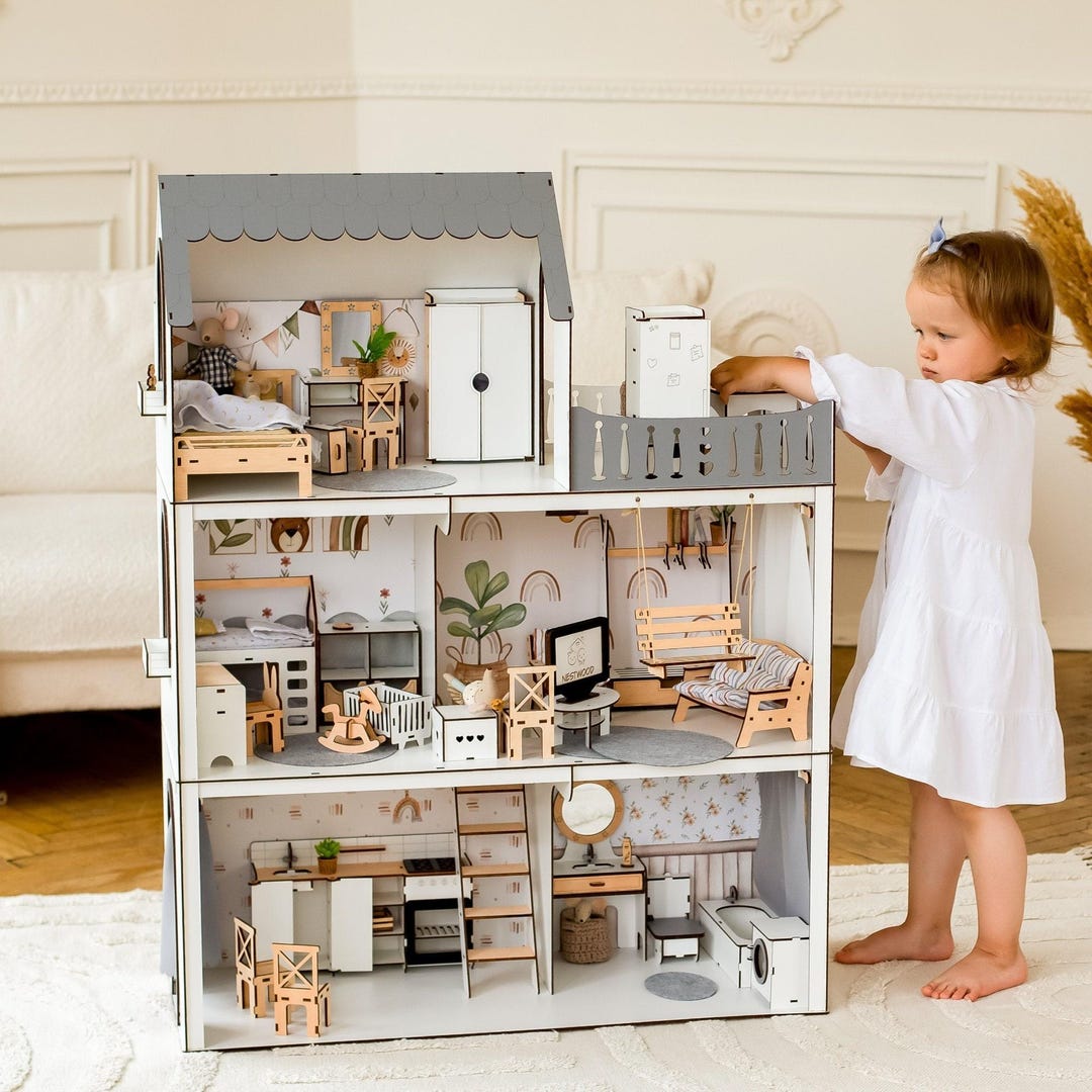 Customizable Wooden Dolls House for Kids With Furnitures, Tiny