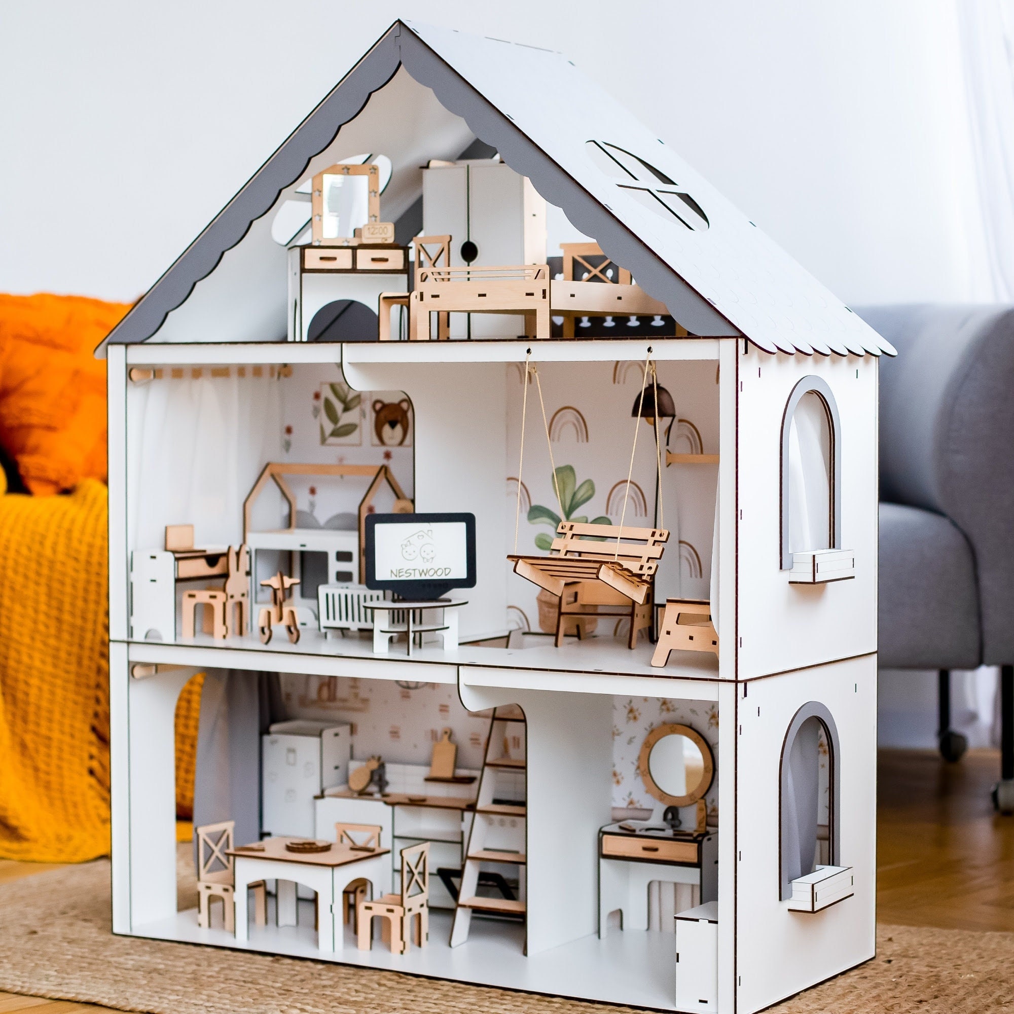 NATURAL WOODEN DOLLHOUSE With Handmade Furniture Textile