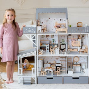 Spacious Big Gray Dollhouse with Terrace and Balcony - Includes Furnitures - Great Christmas Gift for Girls