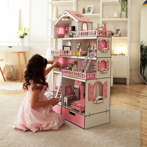 Pink Dollhouse for Dolls |Mansion with 5 Rooms, Elevator, and Swing