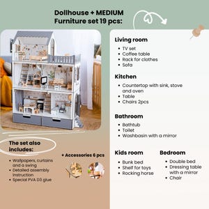 The image is a collage of various furniture sets, including a dollhouse, a living room, a kitchen, a bathroom, a kids' room, and a bedroom. The furniture set includes a TV set, a coffee table, a rack for clothes, a sofa, a countertop with sink, a stove, a table, chairs, a bathtub, a toilet, a washbasin with a mirror, a bunk bed, a dressing table with a mirror, a bunk bed, a shelf for toys, a rocking horse, and a special PVA D3 glue.
