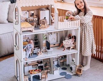 Lux Light Scandi Dollhouse - Modern Scandinavian Style, 3 Floors, 5 Rooms - NestWood