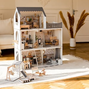 Personalized Montessori Dollhouse with Furniture - Custom Wooden House for Kids - Modern Toy House for Girls