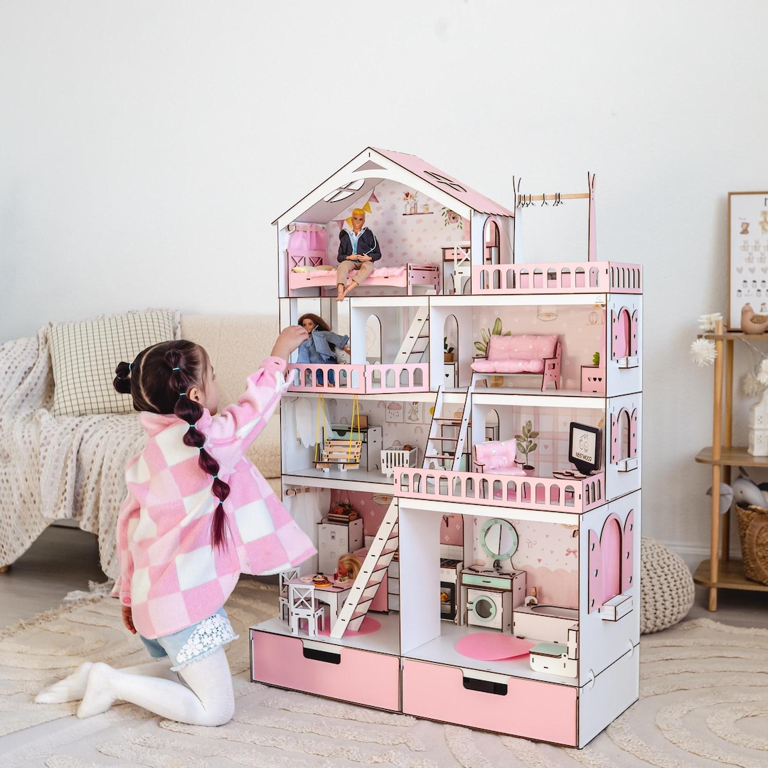 木製　Hiroro　ブライスハウス アイシードールPINK HOUSE Pink Dollhouse for Dolls |mansion With 5 Rooms, Elevator, and