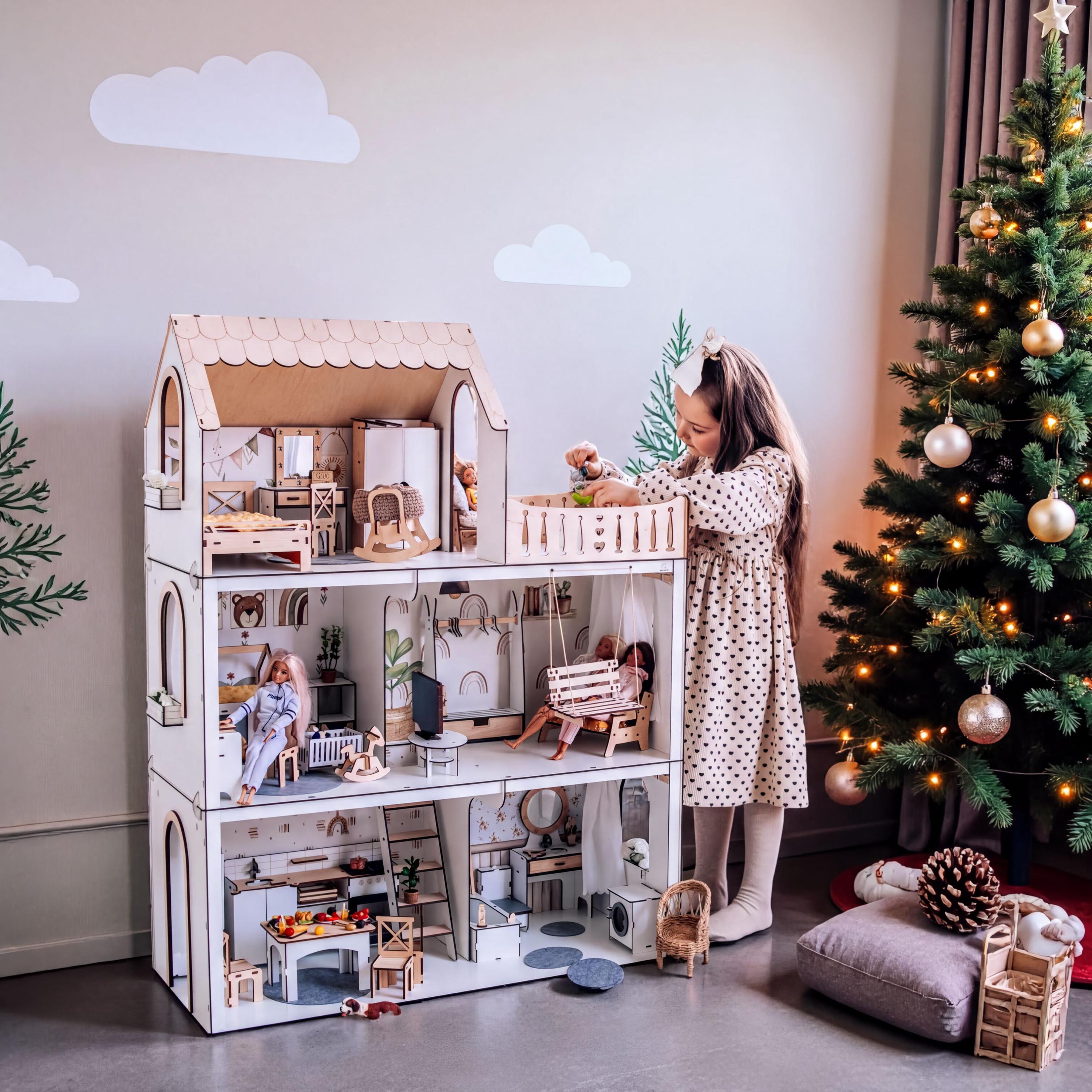dollhouseページ Wooden Dollhouse: Minimalist 3-story Playhouse (furniture Included