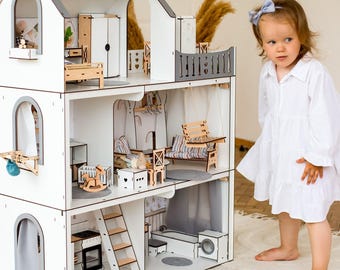 Handcrafted White Dollhouse with Swing and Balcony - Personalizable Playhouse for Endless Imagination