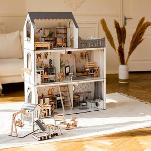 Personalized Montessori Dollhouse with Furniture - Custom Wooden House for Kids - Modern Toy House for Girls