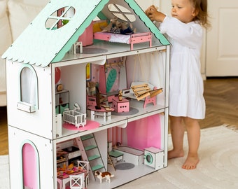 Mint Dolls House for Kids - Complete with Furniture - Ideal Wood Playhouse for Girls